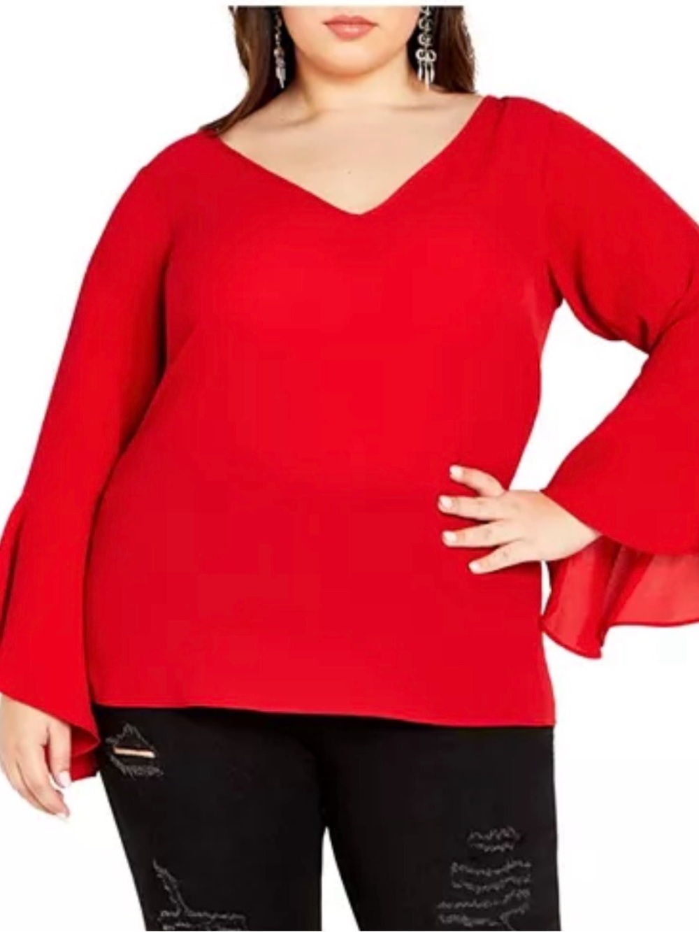 City Chic Red V-Neck Bell Sleeve Blouse